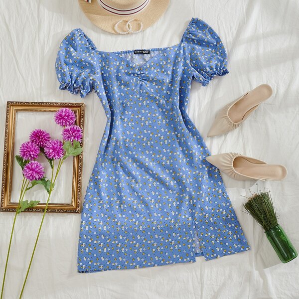 

Ditsy Floral Split Hem Dress, Blue