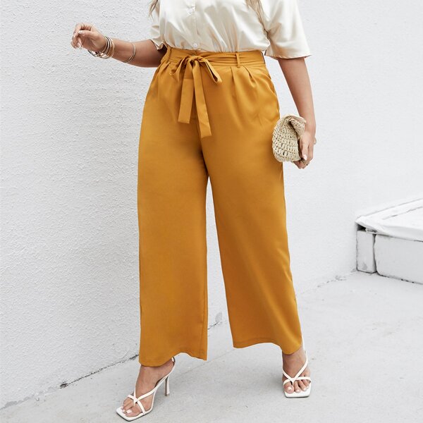 

Plus Solid Belted Wide Leg Pants, Mustard yellow