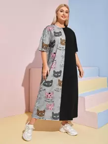 SHEIN Plus Letter & Cat Print Dress - Multicolor - View 3