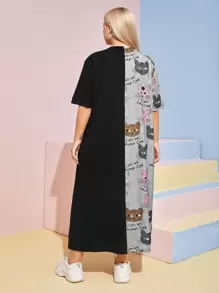 SHEIN Plus Letter & Cat Print Dress - Multicolor - View 2
