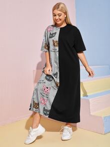 SHEIN Plus Letter & Cat Print Dress - Multicolor - View 1