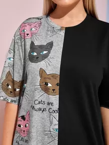 SHEIN Plus Letter & Cat Print Dress - Multicolor - View 5