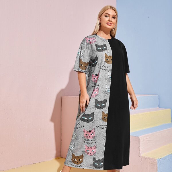 

Plus Letter & Cat Print Dress, Multicolor