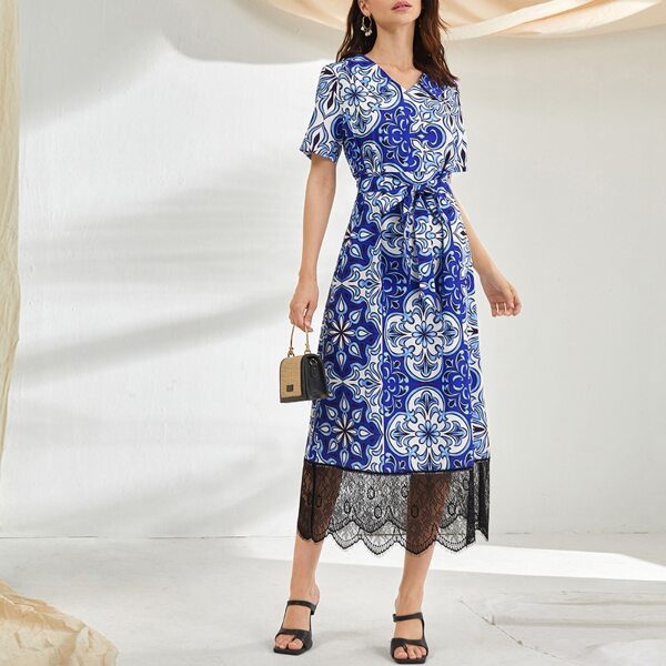 

Floral Print Lace Hem Belted Dress, Multicolor