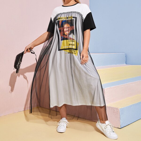 

Plus Letter and Figure Graphic Mesh Overlay Dress, Black and white