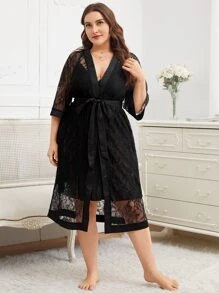 SHEIN Conjuntos de Batas y Batas en Tallas Grandes Cinta Liso Sexy - Negro - Ver 1