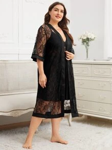 SHEIN Conjuntos de Batas y Batas en Tallas Grandes Cinta Liso Sexy - Negro - Ver 4