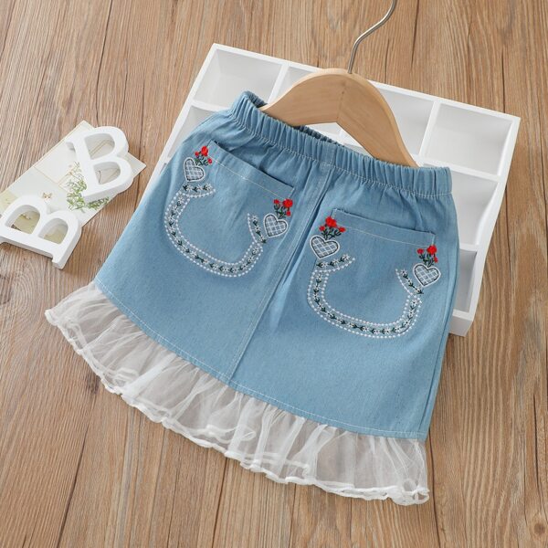 

Toddler Girls Embroidery Contrast Mesh Hem Skirt, Light wash