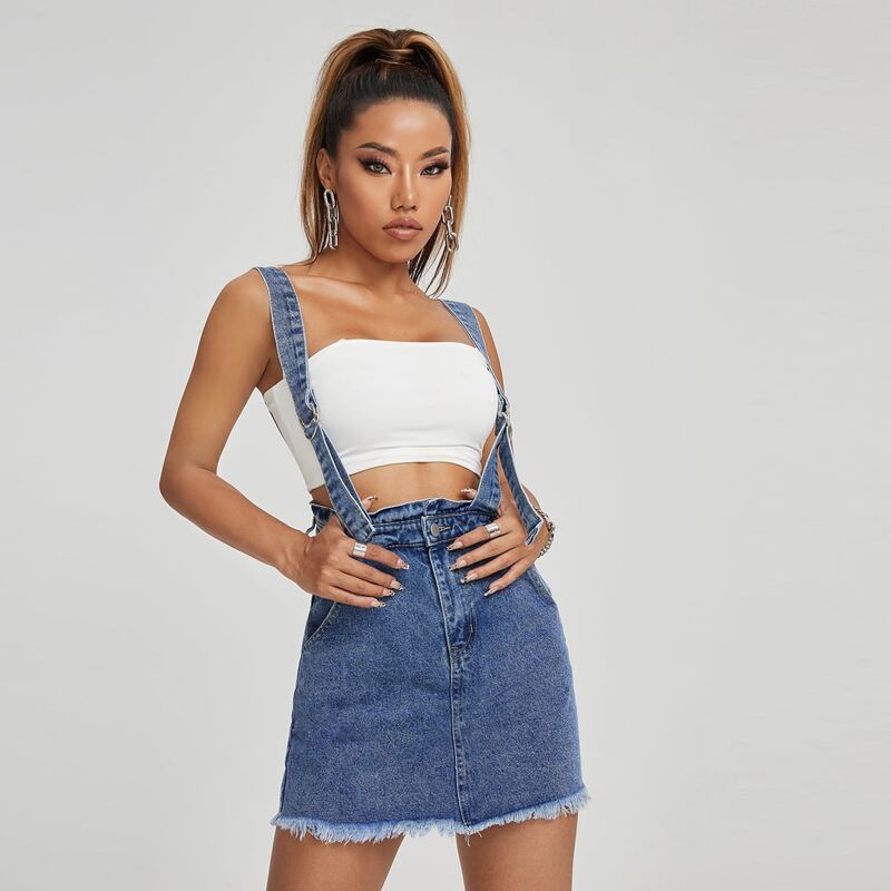 

Paperbag Waist Raw Hem Denim Dress, Medium wash