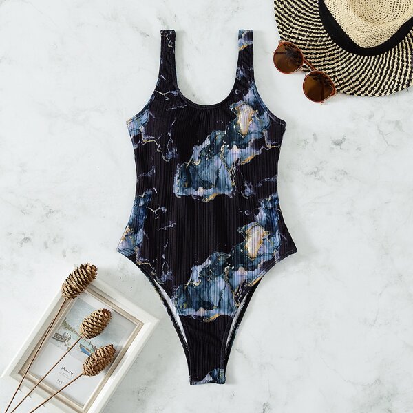 

Marble Print One Piece Swimsuit, Black