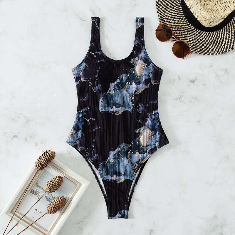 

Marble Print One Piece Swimsuit, Black
