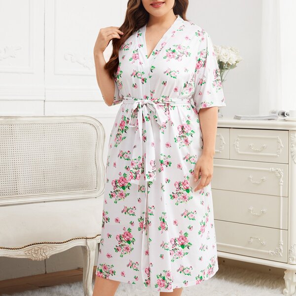

Plus Self Belted Floral Print Robe, Multicolor