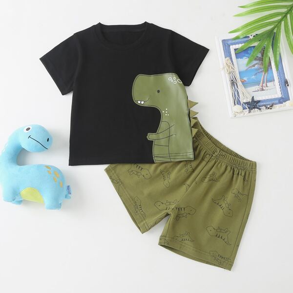 

Toddler Boys Cartoon Dinosaur Tee With Track Shorts, Black