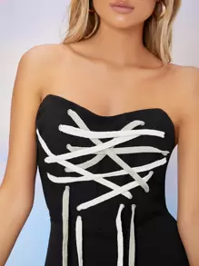 SHEIN BAE Garment Eyelet Lace Up Front Tube Dress - Black - View 4