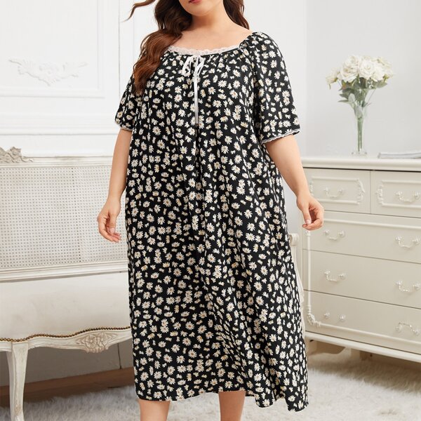 

Plus Lace Trim Tie Front Daisy Floral Nightdress, Multicolor