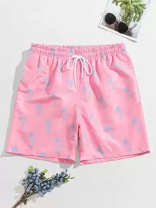 Surfspeed 男士抽绳腰部安全口袋泳裤，轻盈四向弹力棕榈树花卉图案，适合海滩度假休闲，淡粉色面料无弹力衬里沙滩短裤，夏威夷风 - 淺粉色 - 查看 1