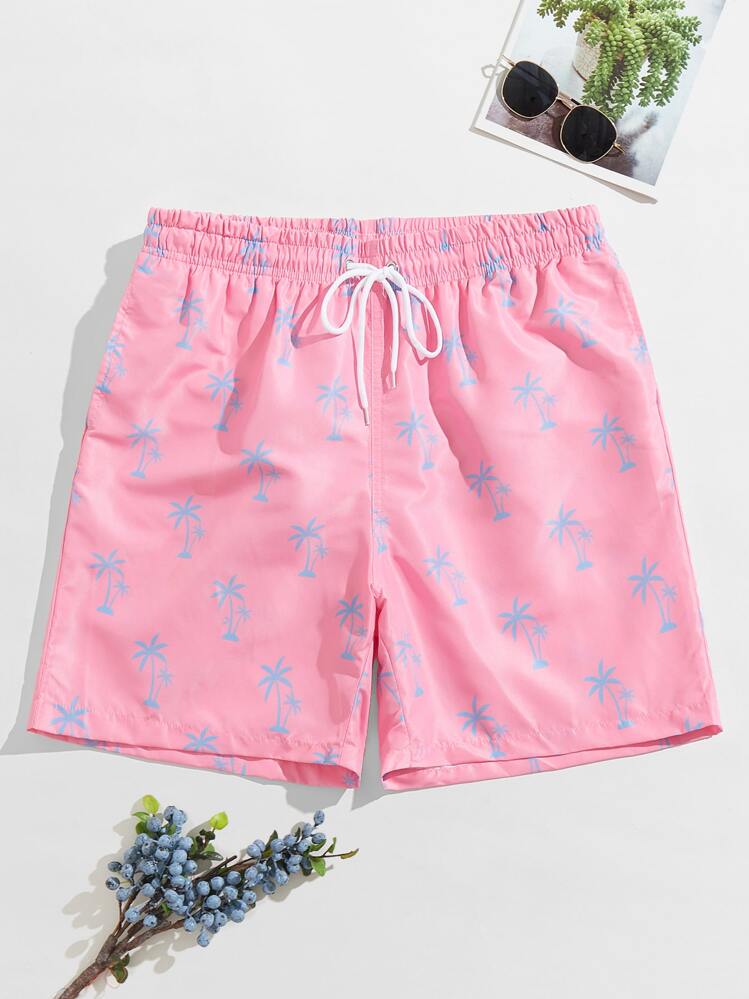 Surfspeed 男士抽绳腰部安全口袋泳裤，轻盈四向弹力棕榈树花卉图案，适合海滩度假休闲，淡粉色面料无弹力衬里沙滩短裤，夏威夷风 - 淺粉色 - 查看 1