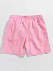 Surfspeed 男士抽绳腰部安全口袋泳裤，轻盈四向弹力棕榈树花卉图案，适合海滩度假休闲，淡粉色面料无弹力衬里沙滩短裤，夏威夷风 - 淺粉色 - 查看 2