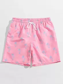 Surfspeed 男士抽绳腰部安全口袋泳裤，轻盈四向弹力棕榈树花卉图案，适合海滩度假休闲，淡粉色面料无弹力衬里沙滩短裤，夏威夷风 - 淺粉色 - 查看 3