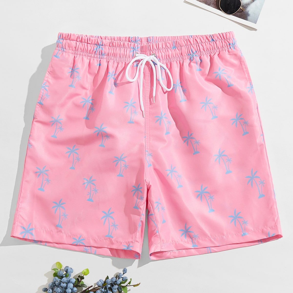 Bañadores para hombres con cintura con cordón, bolsillos de seguridad, de 4 direcciones elástico, con estampado de palmeras y flores para playa, va