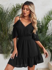 Cold Shoulder Lace Trim Tied Backless Dress - Black - View 2