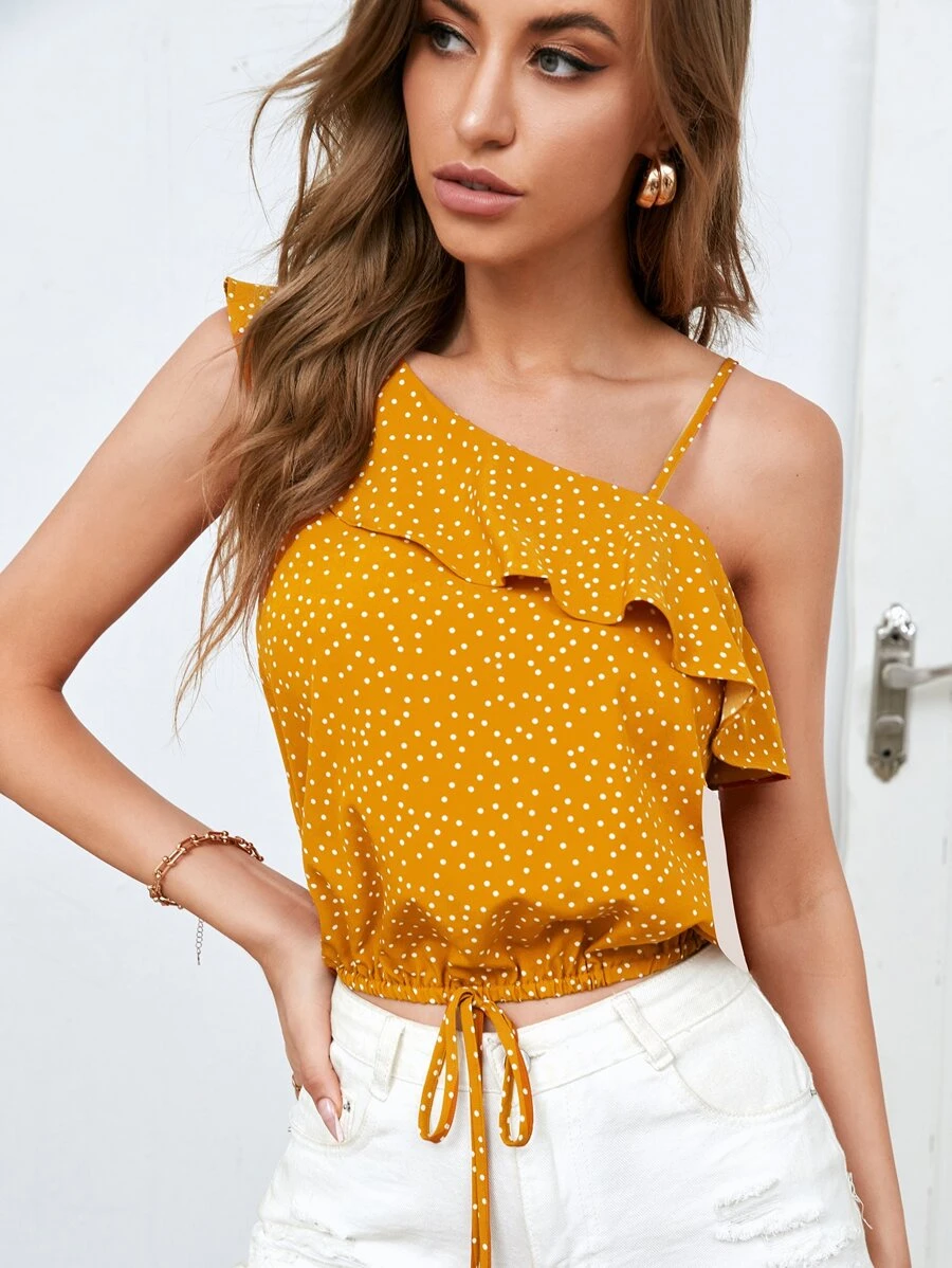 SHEIN VCAY Polka Dot Asymmetrical Neck Blouse - Mustard Yellow - View 1