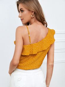 SHEIN VCAY Polka Dot Asymmetrical Neck Blouse - Mustard Yellow - View 2