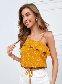 SHEIN VCAY Polka Dot Asymmetrical Neck Blouse - Mustard Yellow - View 3