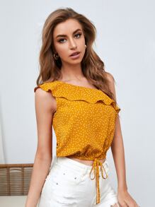 SHEIN VCAY Polka Dot Asymmetrical Neck Blouse - Mustard Yellow - View 4