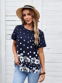 EMERY ROSE Polka Dot and Floral Print Top - Navy Blue - View 1