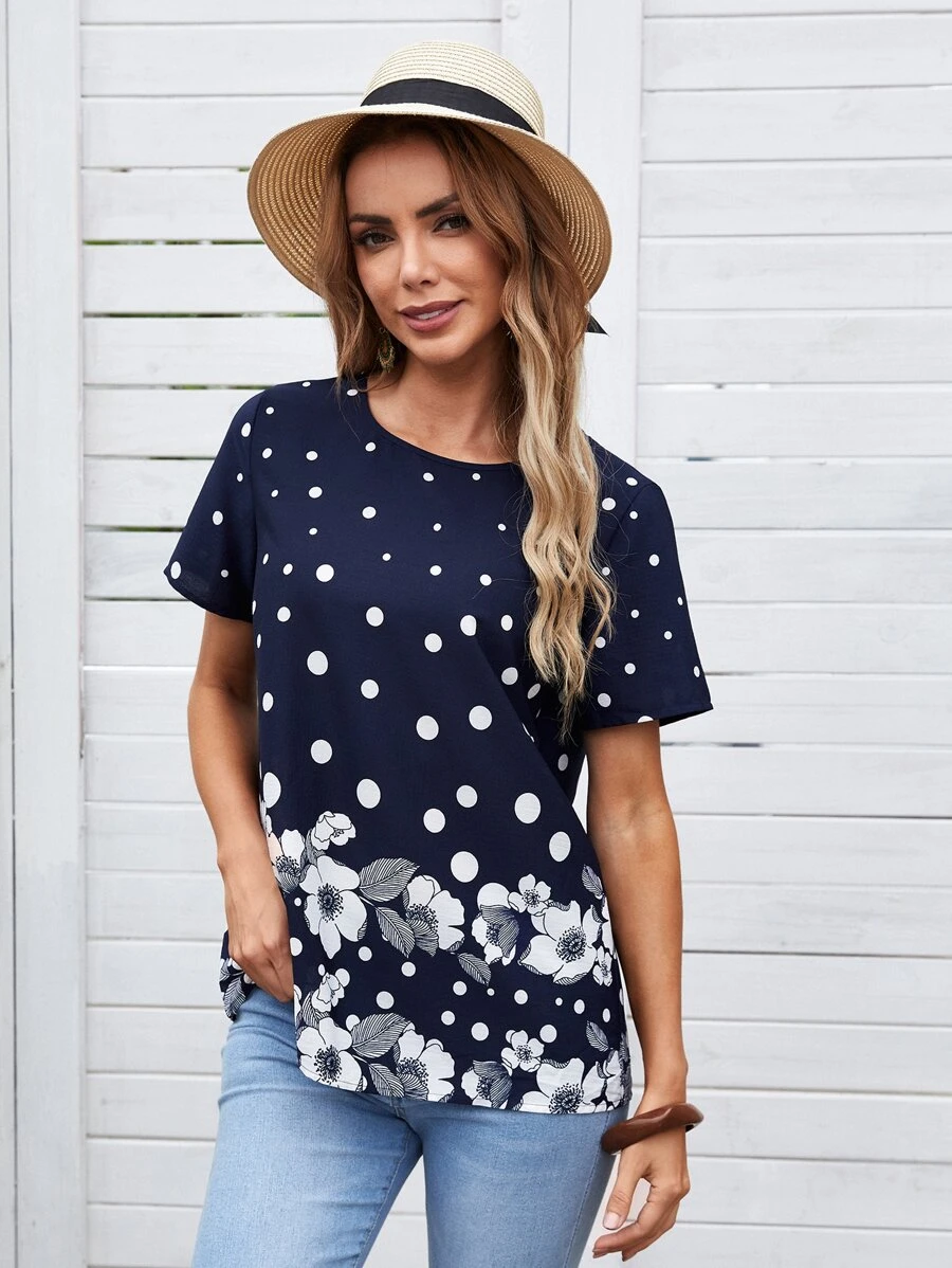 EMERY ROSE Polka Dot and Floral Print Top - Navy Blue - View 1