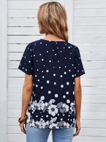 EMERY ROSE Polka Dot and Floral Print Top - Navy Blue - View 2