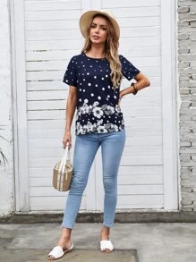 EMERY ROSE Polka Dot and Floral Print Top - Navy Blue - View 3