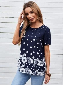 EMERY ROSE Polka Dot and Floral Print Top - Navy Blue - View 4