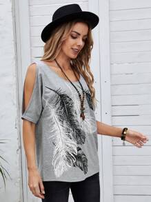 SHEIN Unity 休閒開衩部落印花T恤 - 淺灰色 - 查看 1