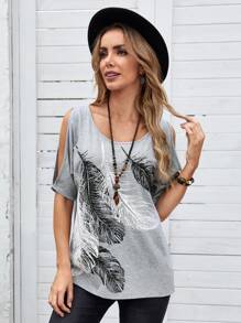 SHEIN Unity 休閒開衩部落印花T恤 - 淺灰色 - 查看 3