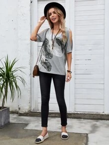 SHEIN Unity 休閒開衩部落印花T恤 - 淺灰色 - 查看 4