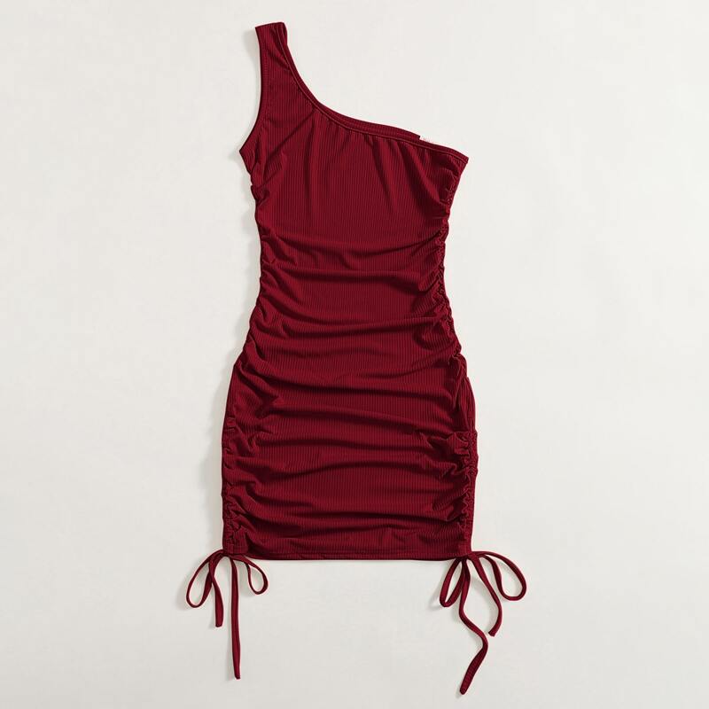 

Solid One Shoulder Drawstring Side Ribbed Bodycon Dress, Burgundy