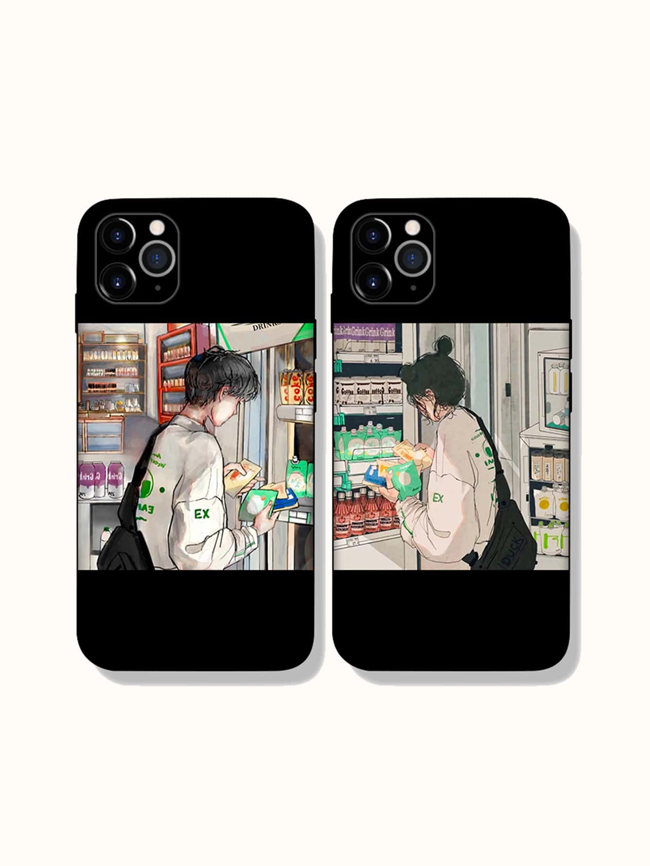 2 piezas funda de celular de pareja con estampado de figura - Negro - Ver 1