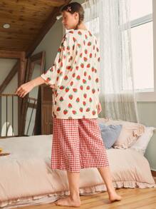 SHEIN Strawberry Print Top & Gingham Capri Trousers PJ Set - Multicolor - View 2