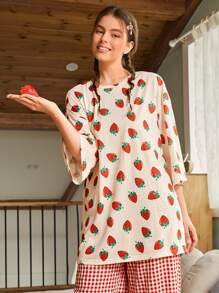 SHEIN Strawberry Print Top & Gingham Capri Trousers PJ Set - Multicolor - View 4