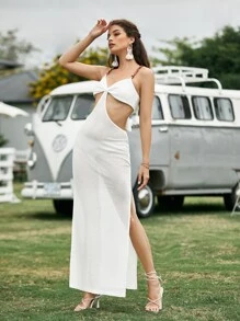 SHEIN O形環帶前抽褶鏤空腰後繫帶開衩連衣裙 - 白色 - 查看 5