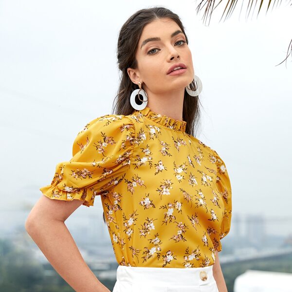 

Floral Print Ruffled Puff Sleeve Top, Mustard yellow