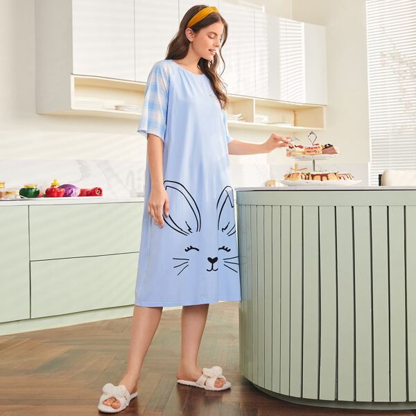 

Plaid Raglan Sleeve Rabbit Print Nightdress, Baby blue