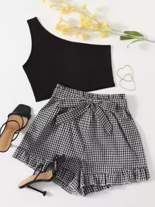 Chiquease One Shoulder Top & Gingham Belted Shorts - Black and White - View 1