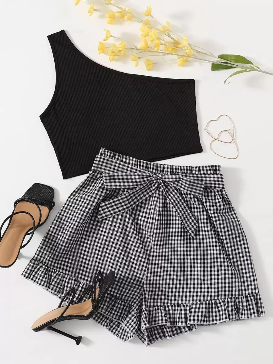 Chiquease One Shoulder Top & Gingham Belted Shorts - Black and White - View 1