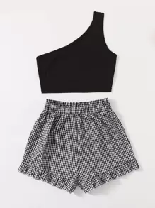 Chiquease One Shoulder Top & Gingham Belted Shorts - Black and White - View 2