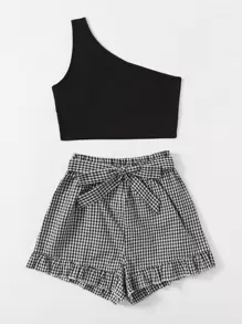 Chiquease One Shoulder Top & Gingham Belted Shorts - Black and White - View 3