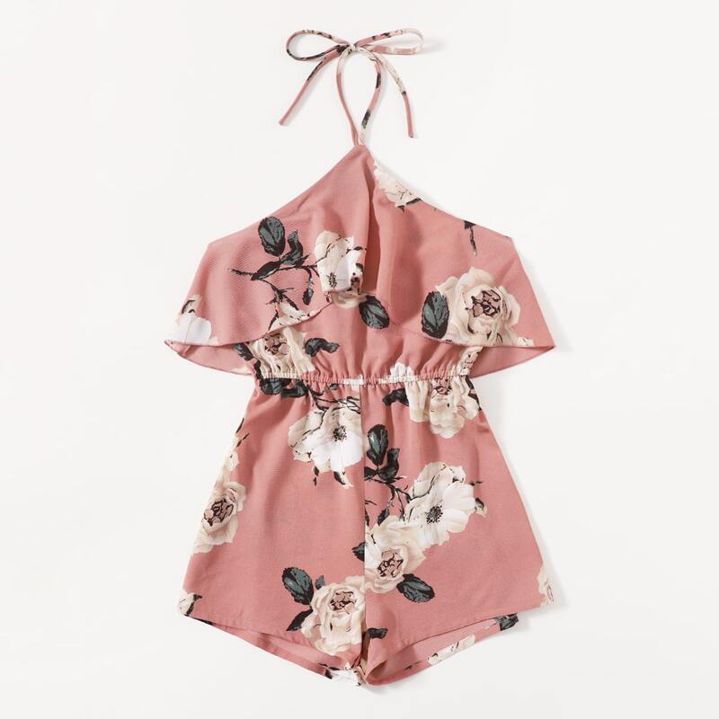 

Floral Ruffle Hem Romper, Dusty pink