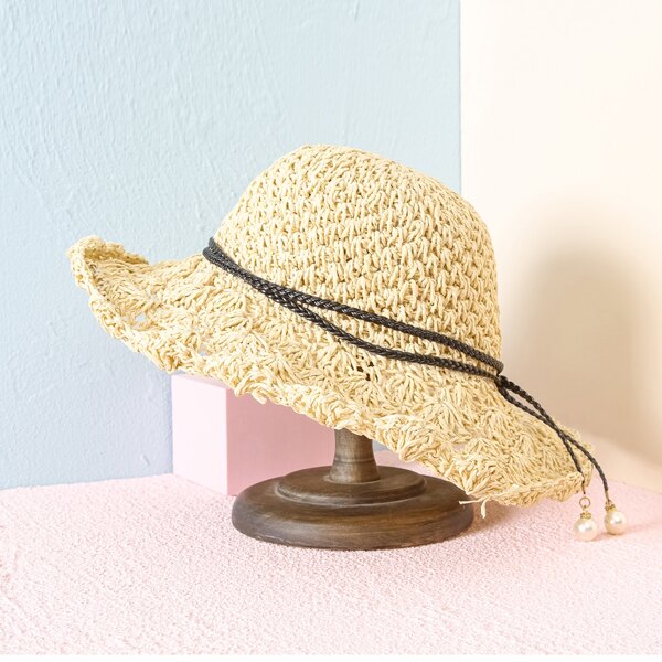 

Faux Pearl Detail Straw Hat, Beige